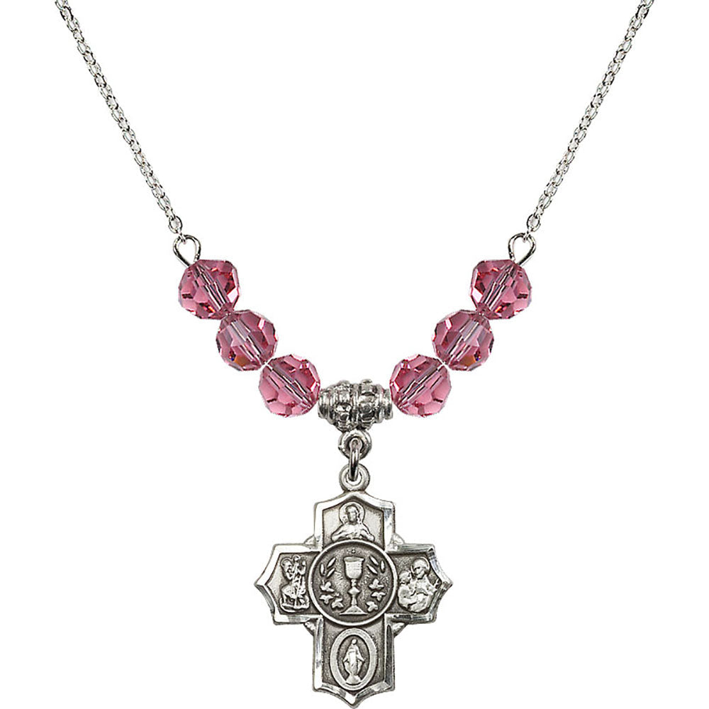 Sterling Silver Communion/5-Way Birthstone Necklace with Rose Beads - 2004