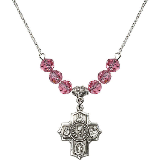 Sterling Silver Communion/5-Way Birthstone Necklace with Rose Beads - 2004