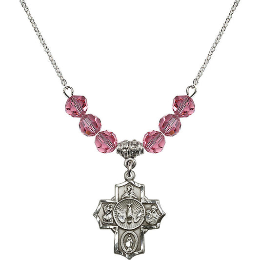 Sterling Silver 5-Way Birthstone Necklace with Rose Beads - 2090