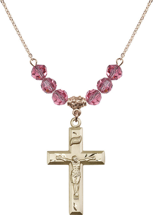 14kt Gold Filled Crucifix Birthstone Necklace with Rose Beads - 2186