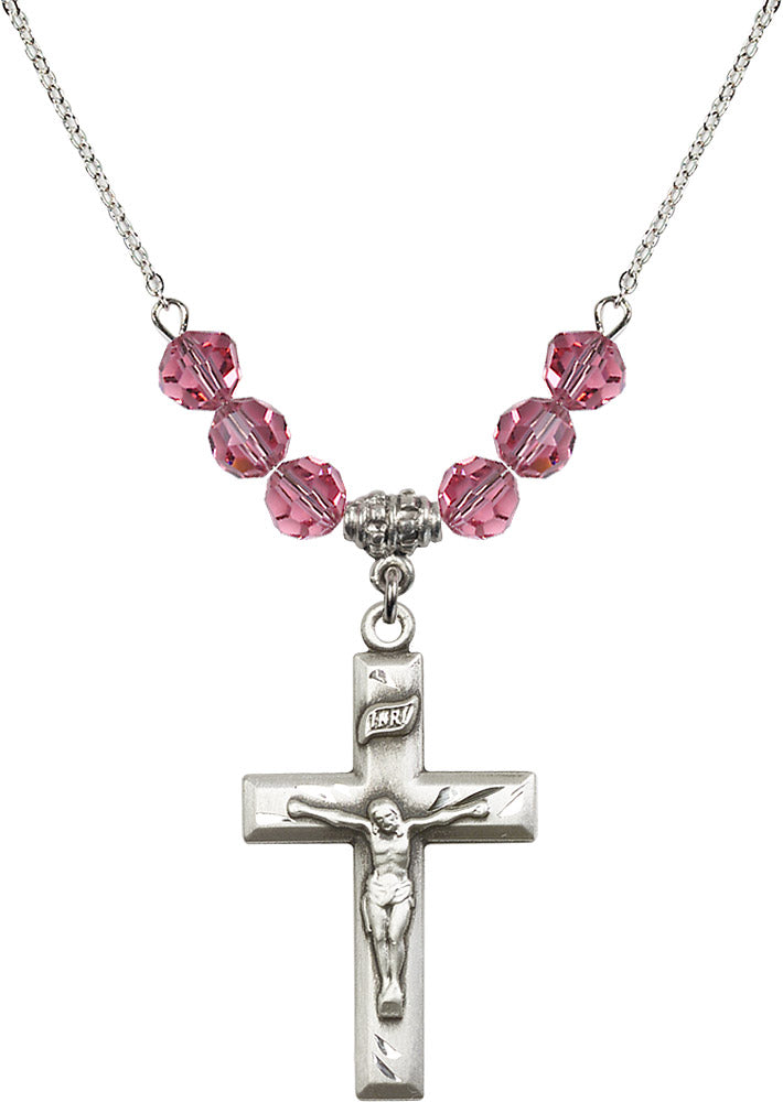 Sterling Silver Crucifix Birthstone Necklace with Rose Beads - 2186
