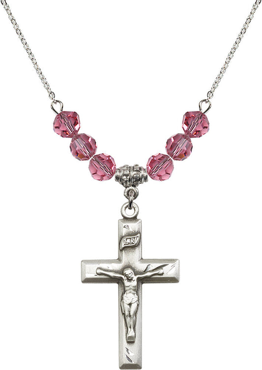 Sterling Silver Crucifix Birthstone Necklace with Rose Beads - 2186