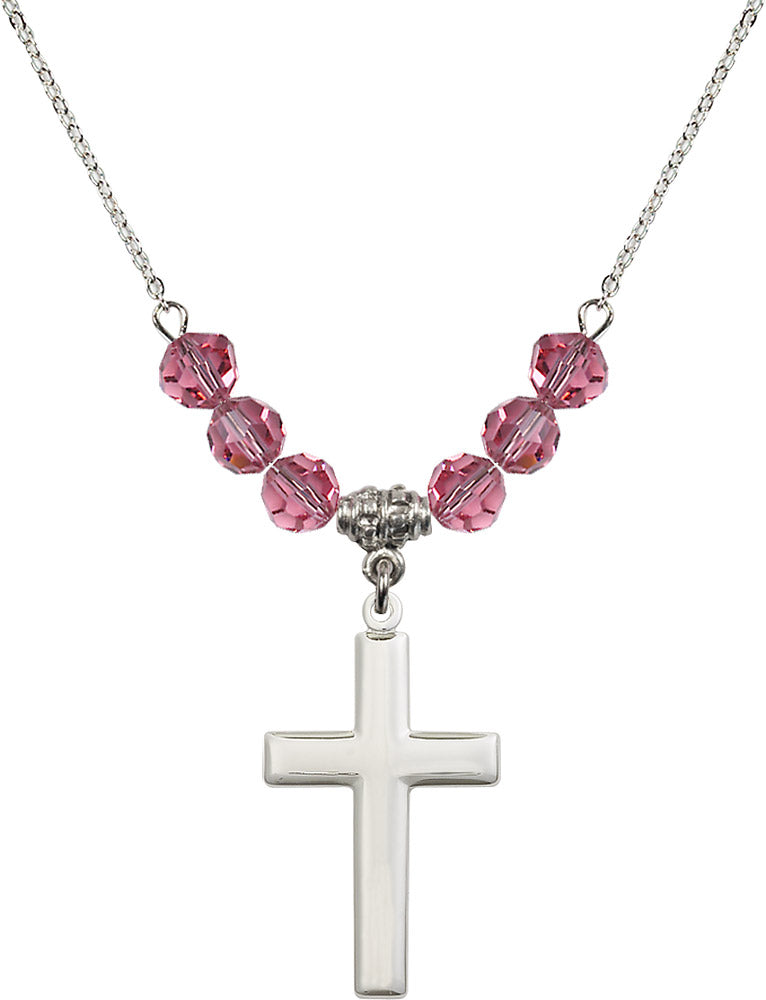 Sterling Silver Cross Birthstone Necklace with Rose Beads - 2190