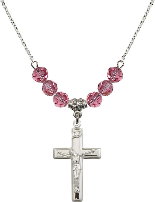 Sterling Silver Crucifix Birthstone Necklace with Rose Beads - 2191