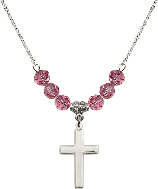 Sterling Silver Cross Birthstone Necklace with Rose Beads - 2195