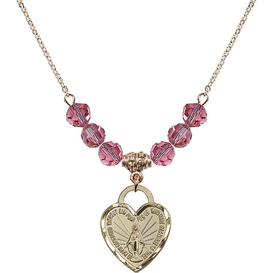14kt Gold Filled Miraculous Heart Birthstone Necklace with Rose Beads - 3201