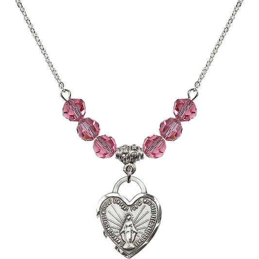 Sterling Silver Miraculous Heart Birthstone Necklace with Rose Beads - 3201