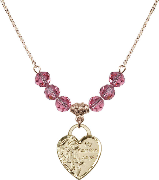 14kt Gold Filled Guardian Angel Heart Birthstone Necklace with Rose Beads - 3202