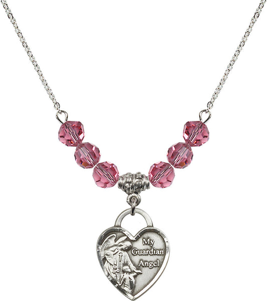 Sterling Silver Guardian Angel Heart Birthstone Necklace with Rose Beads - 3202