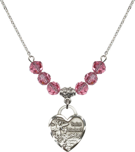 Sterling Silver Saint Michael the Archangel Birthstone Necklace with Rose Beads - 3203