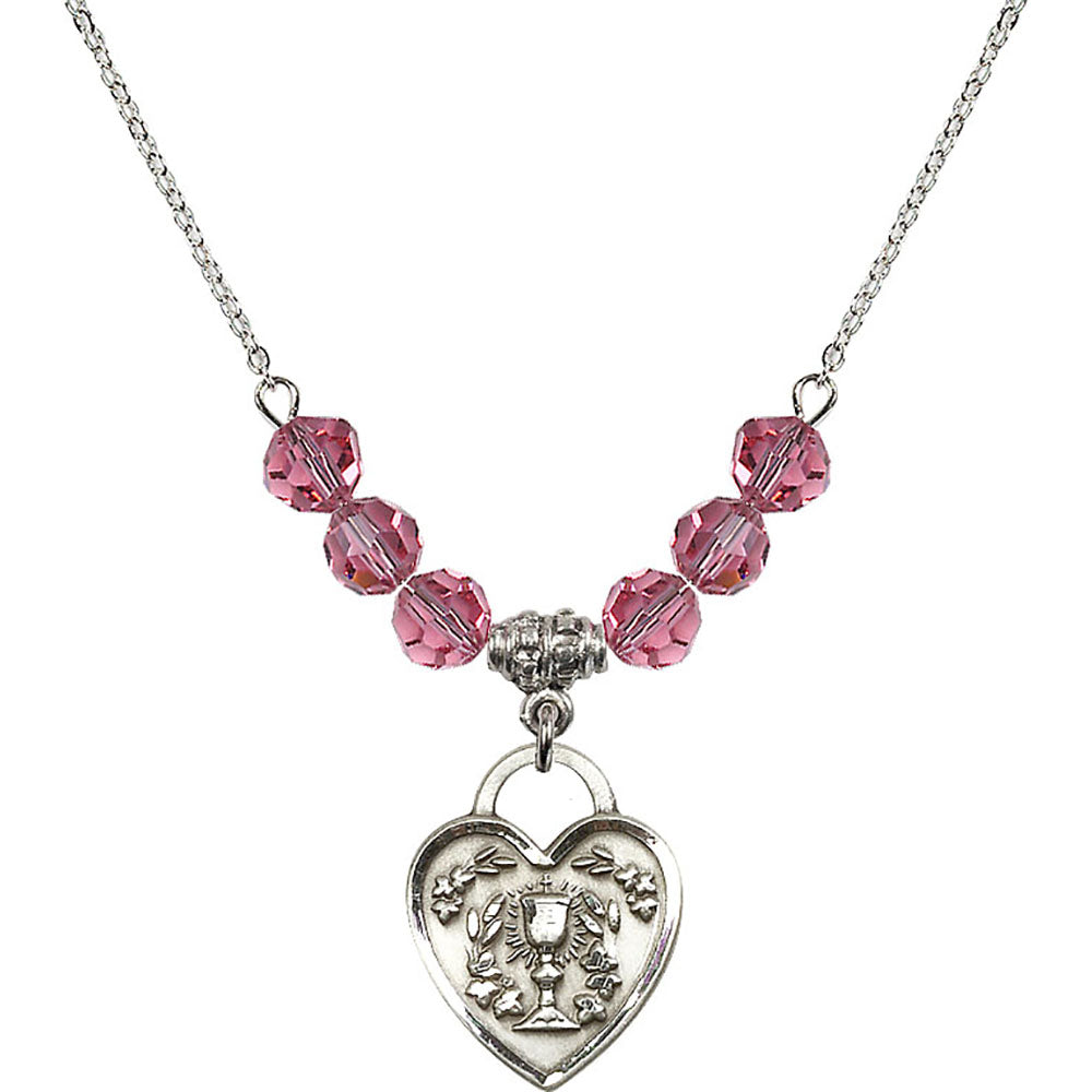 Sterling Silver Communion Heart Birthstone Necklace with Rose Beads - 3204