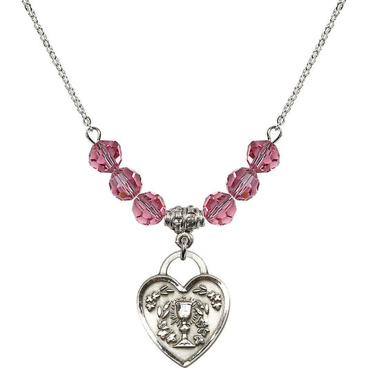 Sterling Silver Communion Heart Birthstone Necklace with Rose Beads - 3204