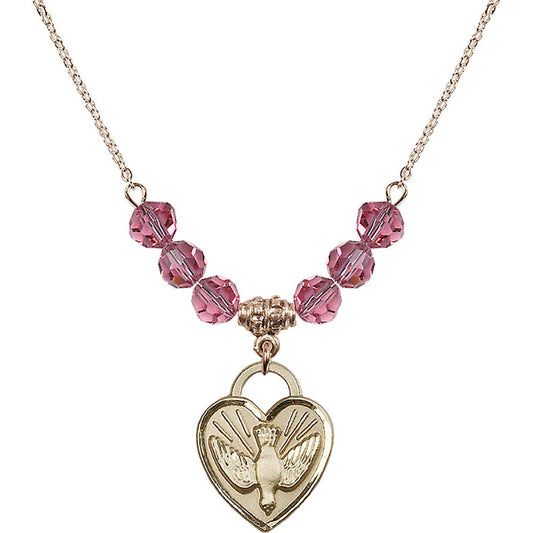 14kt Gold Filled Confirmation Heart Birthstone Necklace with Rose Beads - 3205