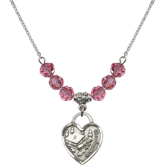 Sterling Silver Graduation Heart Birthstone Necklace with Rose Beads - 3206