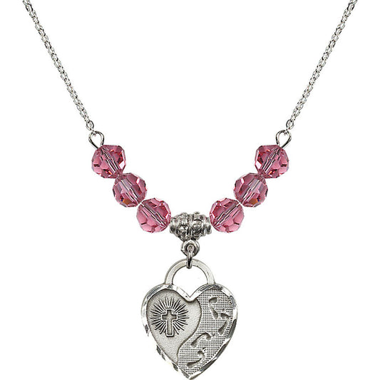 Sterling Silver Footprints Heart Birthstone Necklace with Rose Beads - 3207