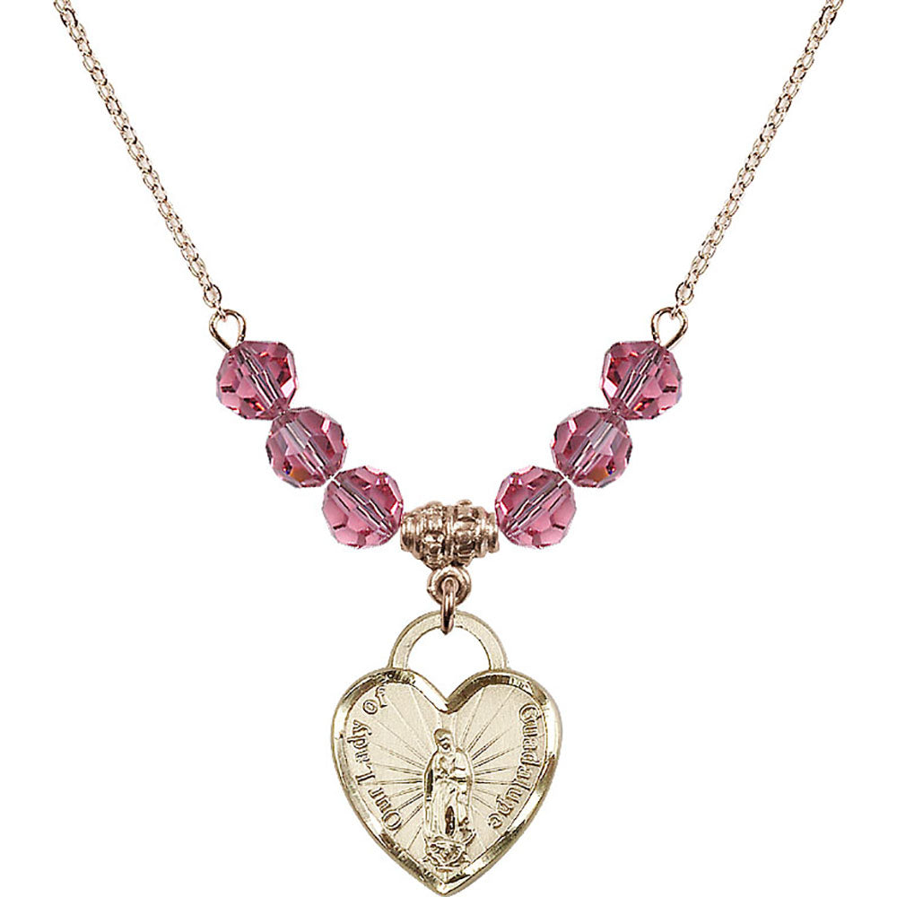 14kt Gold Filled Our Lady of Guadalupe Heart / Recuerdo Birthstone Necklace with Rose Beads - 3209