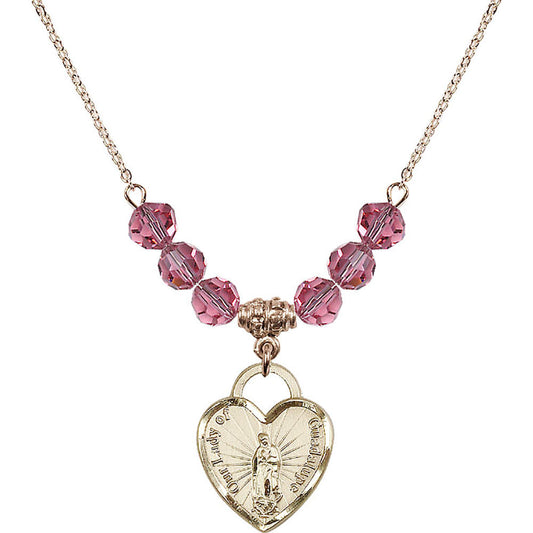 14kt Gold Filled Our Lady of Guadalupe Heart / Recuerdo Birthstone Necklace with Rose Beads - 3209