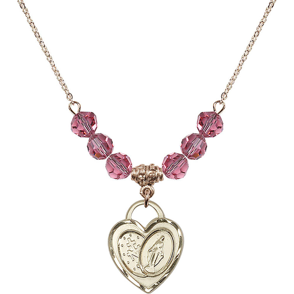 14kt Gold Filled Miraculous Heart Birthstone Necklace with Rose Beads - 3212