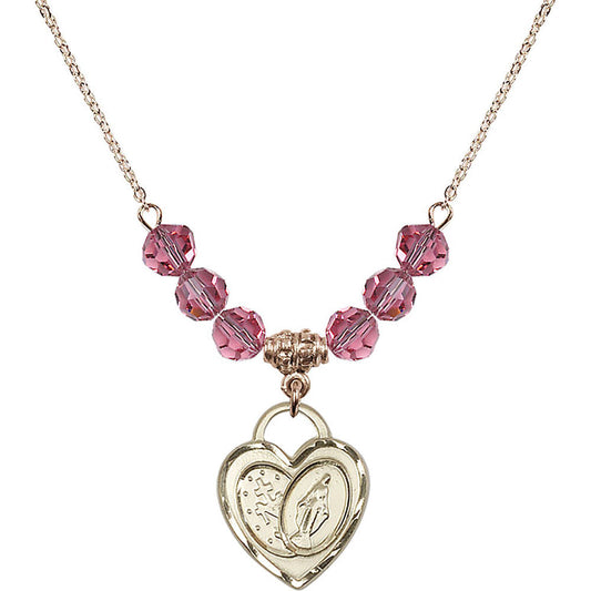 14kt Gold Filled Miraculous Heart Birthstone Necklace with Rose Beads - 3212