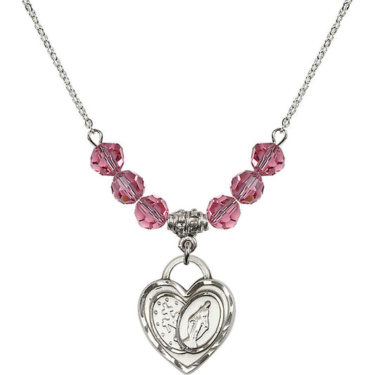 Sterling Silver Miraculous Heart Birthstone Necklace with Rose Beads - 3212