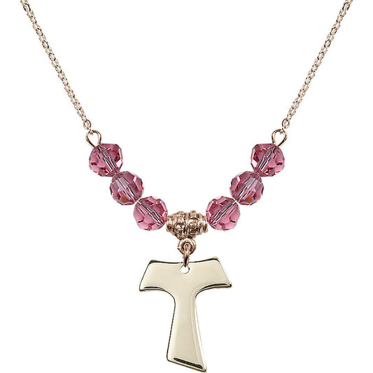 14kt Gold Filled Tau Cross Birthstone Necklace with Rose Beads - 3948