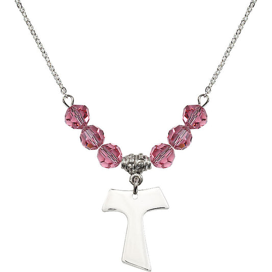 Sterling Silver Tau Cross Birthstone Necklace with Rose Beads - 3948