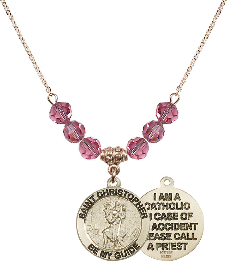 14kt Gold Filled Saint Christopher Birthstone Necklace with Rose Beads - 4049