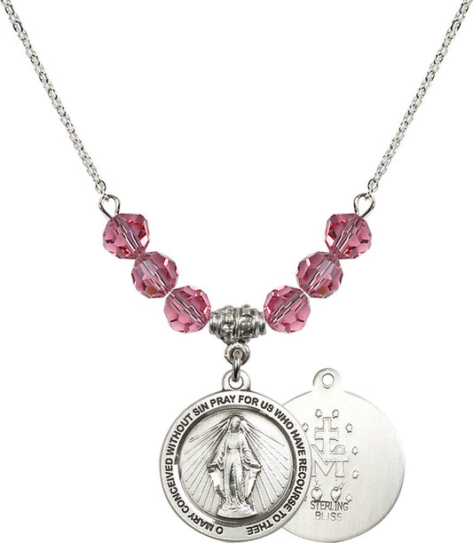 Sterling Silver Miraculous Birthstone Necklace with Rose Beads - 4056