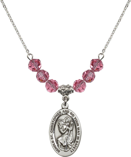 Sterling Silver Saint Christopher Birthstone Necklace with Rose Beads - 4123
