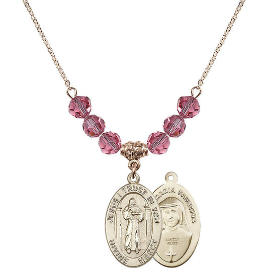 14kt Gold Filled Divine Mercy Birthstone Necklace with Rose Beads - 4123