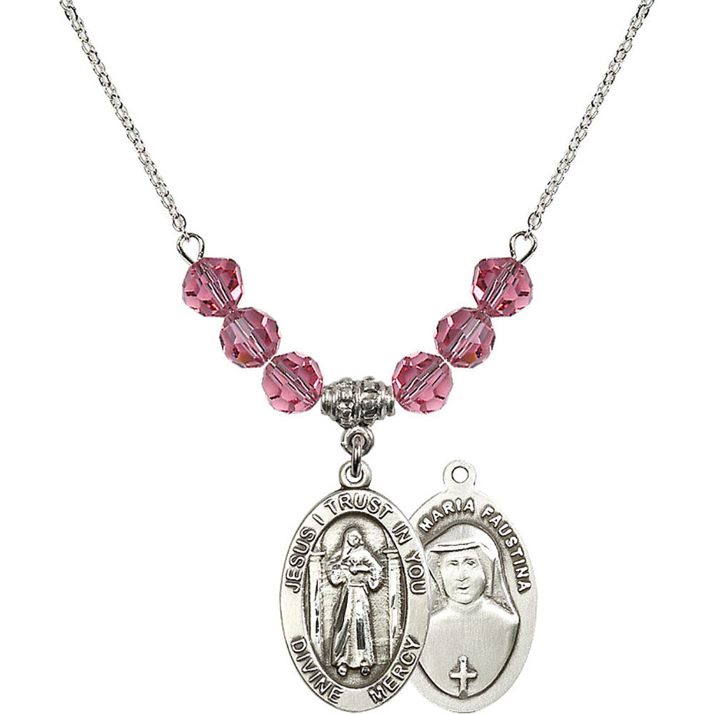 Sterling Silver Divine Mercy Birthstone Necklace with Rose Beads - 4123