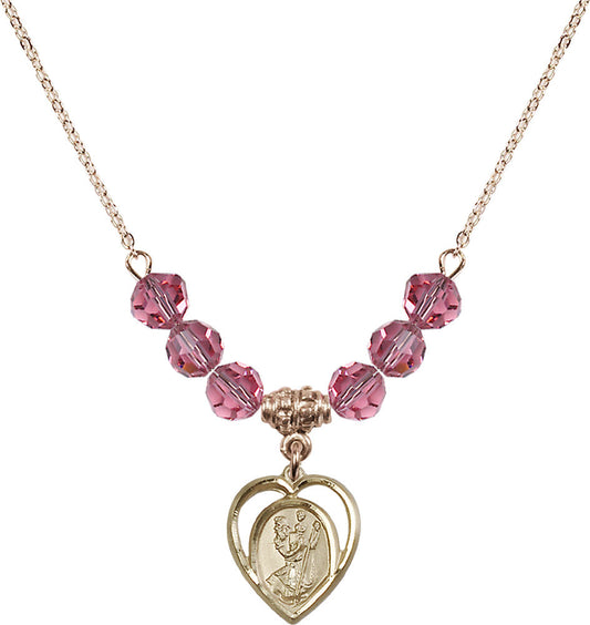 14kt Gold Filled Saint Christopher Birthstone Necklace with Rose Beads - 4127