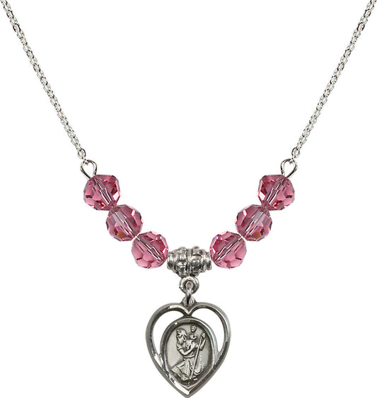 Sterling Silver Saint Christopher Birthstone Necklace with Rose Beads - 4127