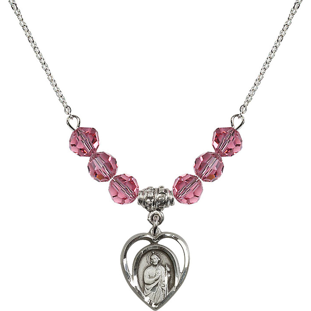 Sterling Silver Saint Jude Birthstone Necklace with Rose Beads - 4128