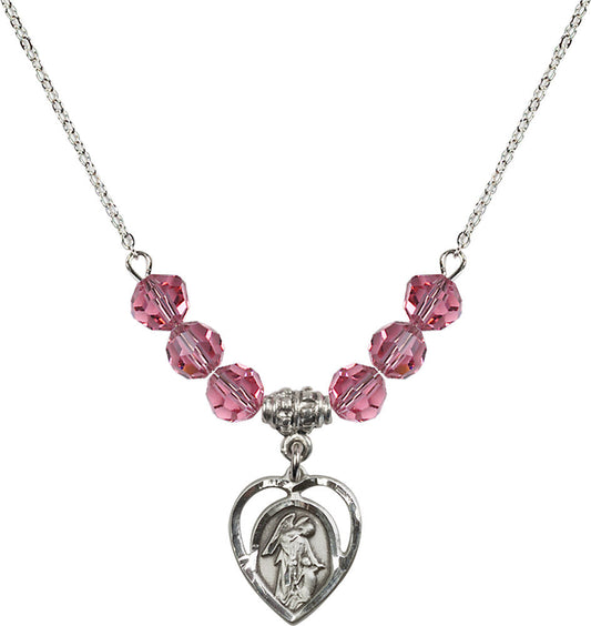 Sterling Silver Guardian Angel Birthstone Necklace with Rose Beads - 4129