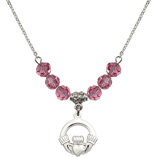 Sterling Silver Claddagh Birthstone Necklace with Rose Beads - 4138