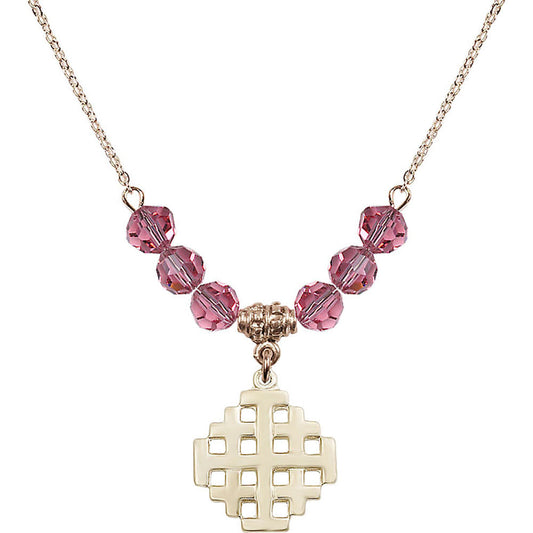 14kt Gold Filled Jerusalem Cross Birthstone Necklace with Rose Beads - 4139