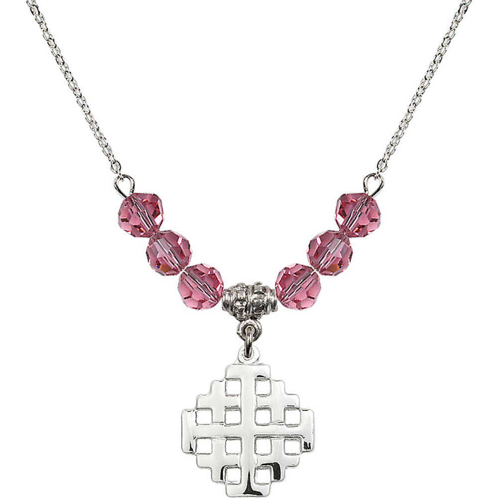 Sterling Silver Jerusalem Cross Birthstone Necklace with Rose Beads - 4139