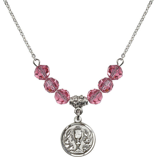 Sterling Silver Communion Chalice Birthstone Necklace with Rose Beads - 4203