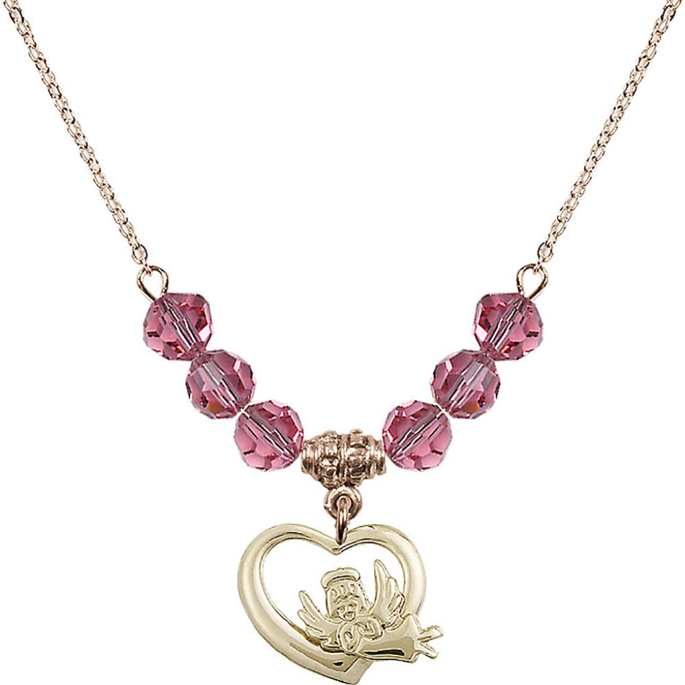 14kt Gold Filled Heart / Guardian Angel Birthstone Necklace with Rose Beads - 4206