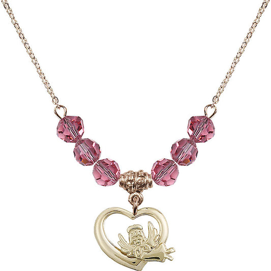 14kt Gold Filled Heart / Guardian Angel Birthstone Necklace with Rose Beads - 4206