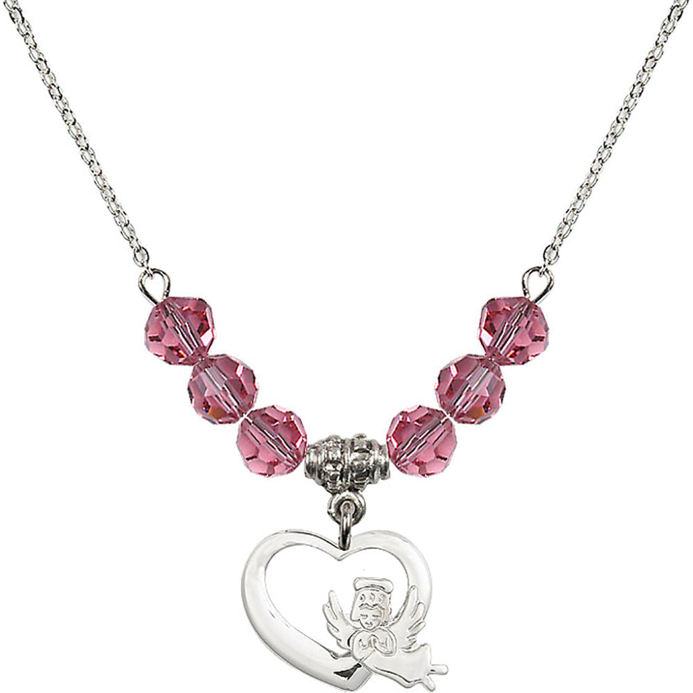 Sterling Silver Heart / Guardian Angel Birthstone Necklace with Rose Beads - 4206