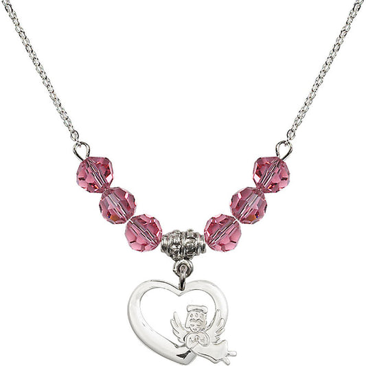 Sterling Silver Heart / Guardian Angel Birthstone Necklace with Rose Beads - 4206