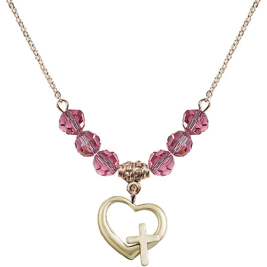 14kt Gold Filled Heart / Cross Birthstone Necklace with Rose Beads - 4207