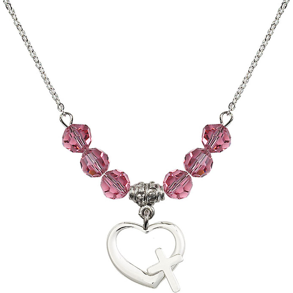Sterling Silver Heart / Cross Birthstone Necklace with Rose Beads - 4207