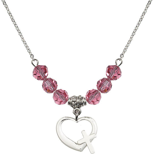 Sterling Silver Heart / Cross Birthstone Necklace with Rose Beads - 4207
