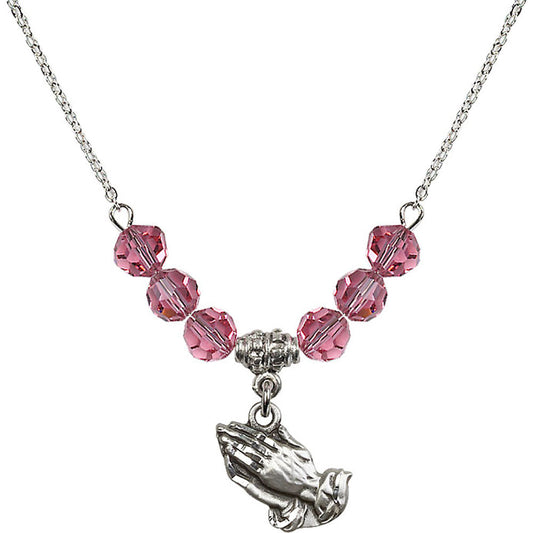 Sterling Silver Praying Hands Birthstone Necklace with Rose Beads - 4219