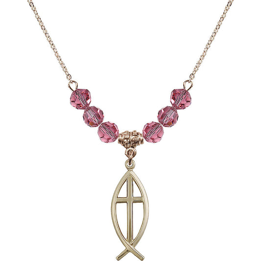14kt Gold Filled Fish / Cross Birthstone Necklace with Rose Beads - 4252
