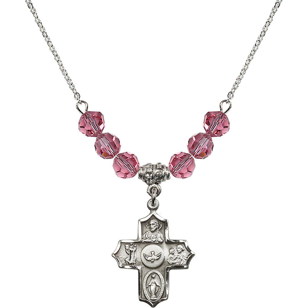Sterling Silver 5-Way Birthstone Necklace with Rose Beads - 4255