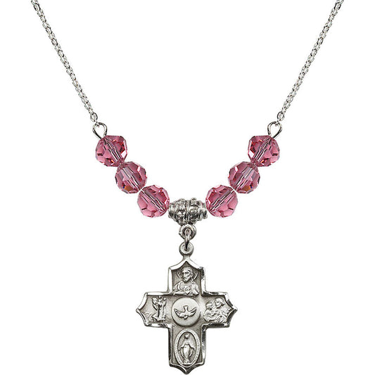 Sterling Silver 5-Way Birthstone Necklace with Rose Beads - 4255